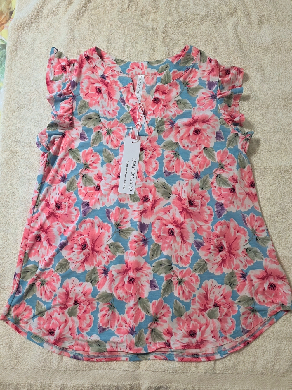 Dear Scarlett Pink Floral Ruffle-Sleeve Camisole - Blue Background